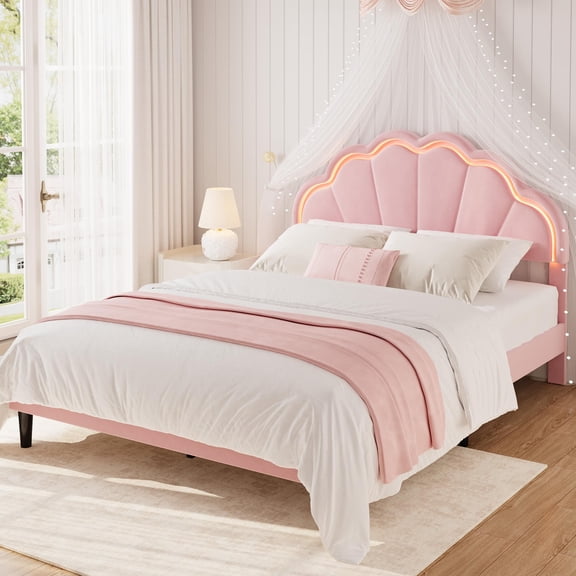 Full Size Velvet Platform Bed Frame with Adjustable Seashell LED Headboard, Under Bed Storage, No Box Spring Needed,Upholstered Bed for Teens