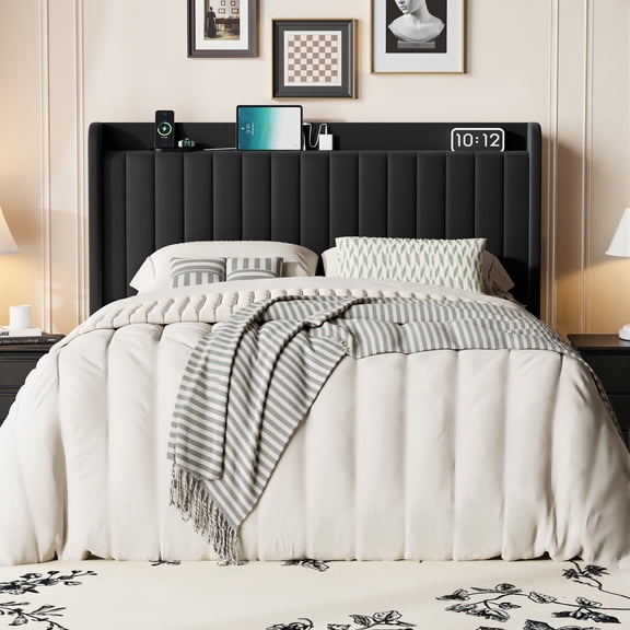 Smile Nest Full Size Velvet Platform Bed with USB Charging Station, Wingback Storage Headboard, Black