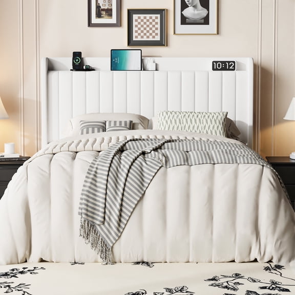 Smile Nest Full Size Velvet Platform Bed with USB Charging Station, Wingback Storage Headboard, White