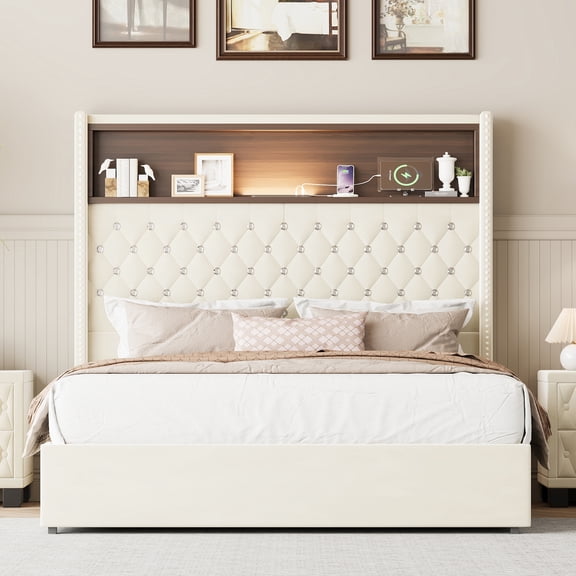 Full Size Velvet Tufted Bed Frame with USB Port & Night Light, 52" Tall Wingback Headboard with Storage Shelf, Upholstered Platform Bed Frame, Beige