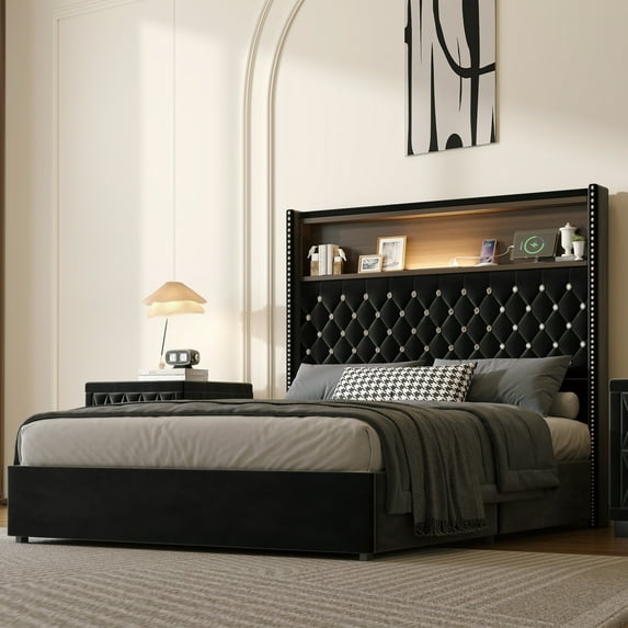 Full Size Velvet Tufted Soft Bed Frame with USB Port and Night Light,52''High Headboard with Rivet Decoration,Wing-back Platform Bed with Headboard Shelf,Black