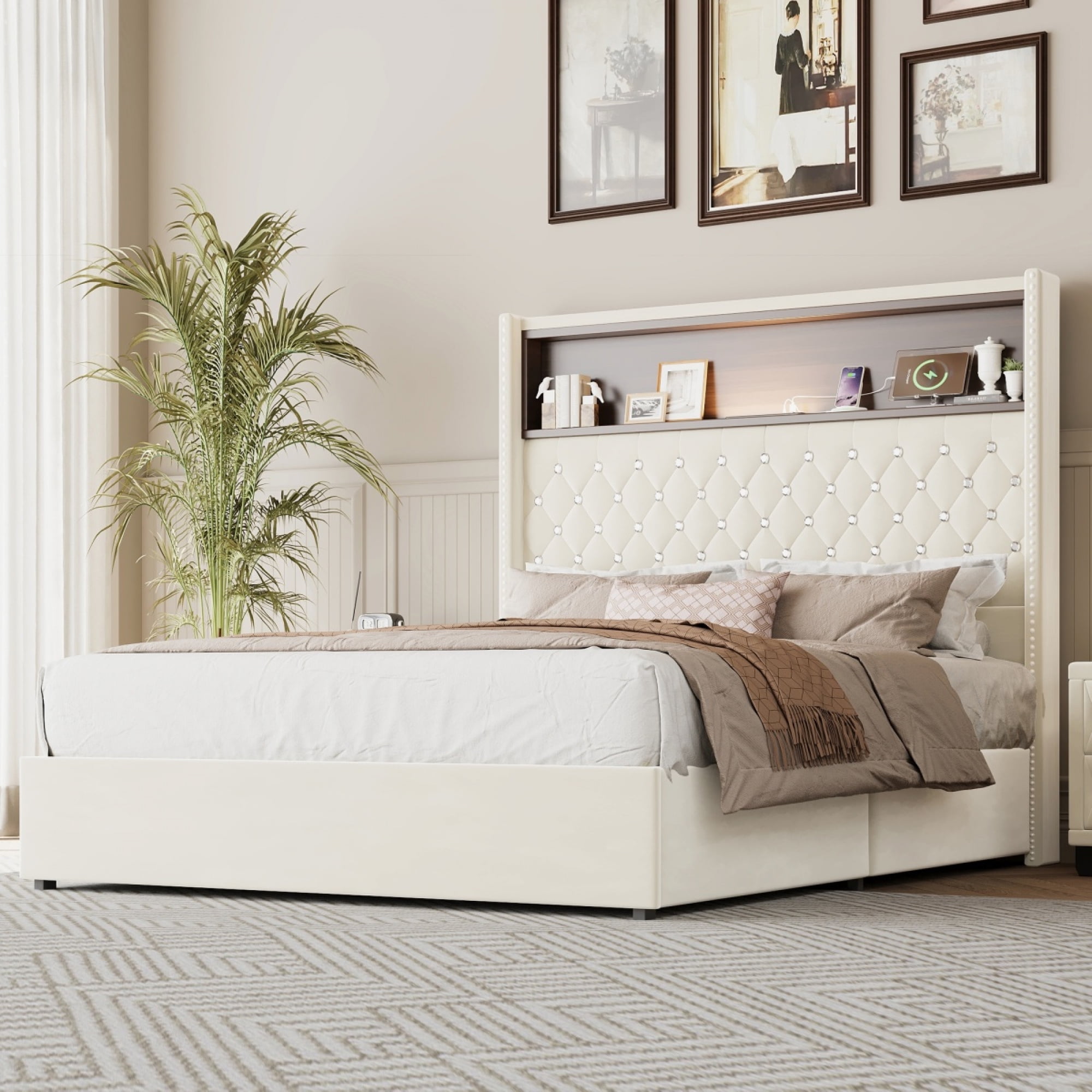 Full Size Velvet Tufted Wing-back Bed Frame - 52'' High Rivet Headboard with Shelf, USB Port & Night Light, Soft Platform Bed,Beige