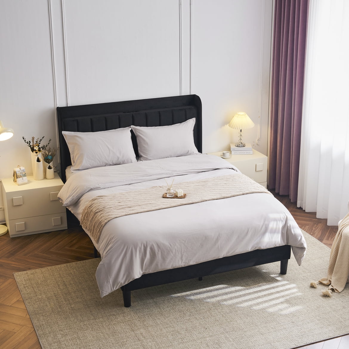Full Black Velvet Upholstered Platform Bed with Tufted Headboard