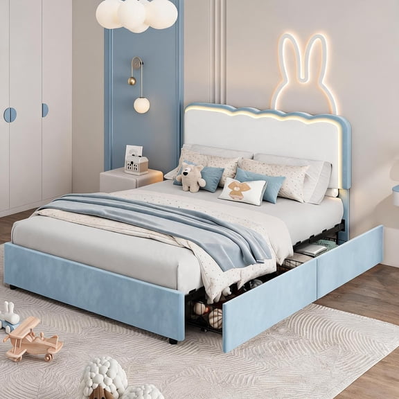 Full Size Velvet Upholstered Bed Frame, Adjustable Cloud Wave Headboard, Dual Movable Storage Drawers, RGB Music Sync LED Lights, 800 Lbs Capacity, Noise-Free, No Box Spring Needed,blue