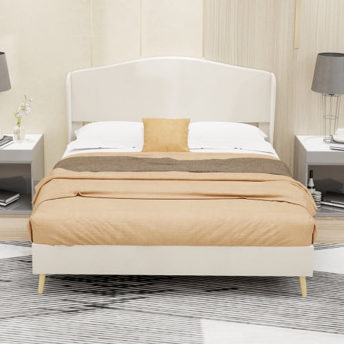 Full Size Velvet Upholstered Bed, Tufted Platform Bed with Plush Headboard, Beige Fabric Bed Frame for Bedroom, Luxurious & Cozy Design