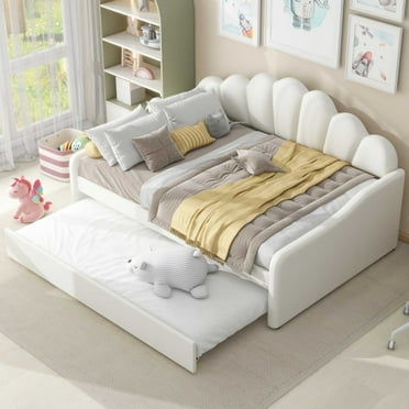 Full Size Velvet Upholstered Daybed with Trundle, Sofa Bed with Shell Shaped Backrest and Curved Arms, Wooden Bed Frame with Slats Support, No Box Spring Needed, Beige