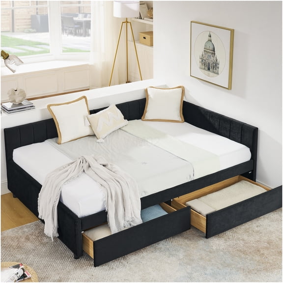 Full Size Velvet Upholstered Daybed with Storage Drawers, Tufted Sofa Sleeper with Armrests for Living Room, Bedroom