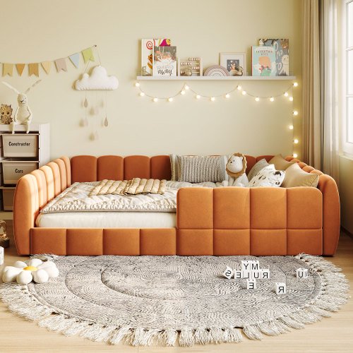 Full Size Velvet Upholstered Floor Bed with Guardrail, Low-Profile Platform with Hidden Feet & Wood Slats, No Box Spring Needed, Orange