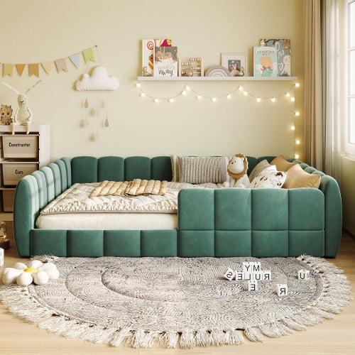 Full Size Velvet Upholstered Floor Bed with Guardrail, Low-Profile Platform with Hidden Feet & Wood Slats, No Box Spring Needed, Pumpkin Green