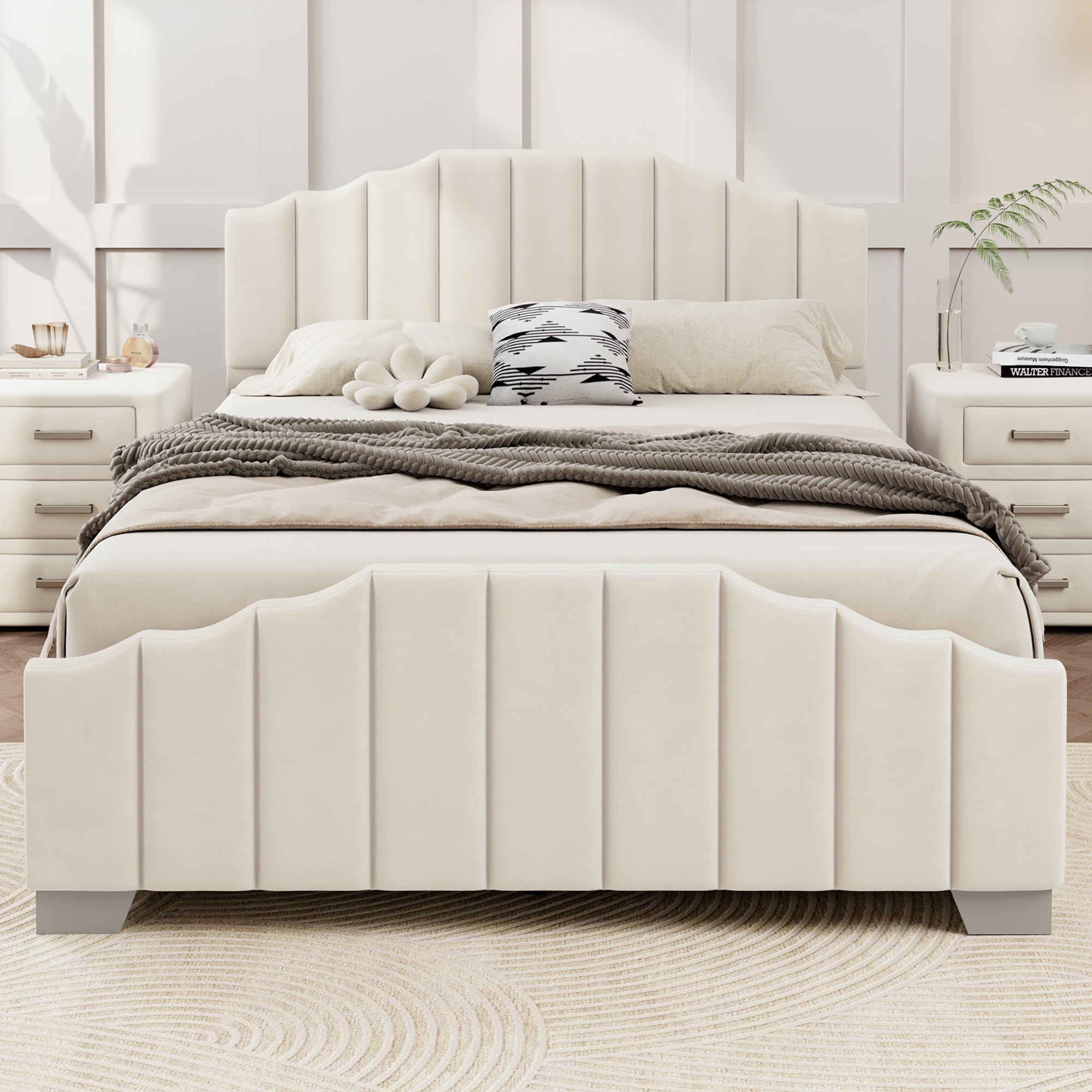HOMBCK Upholstered Full Bed Frame With Headboard & Footboard - Cream Velvet, No Box Spring Needed - View #3