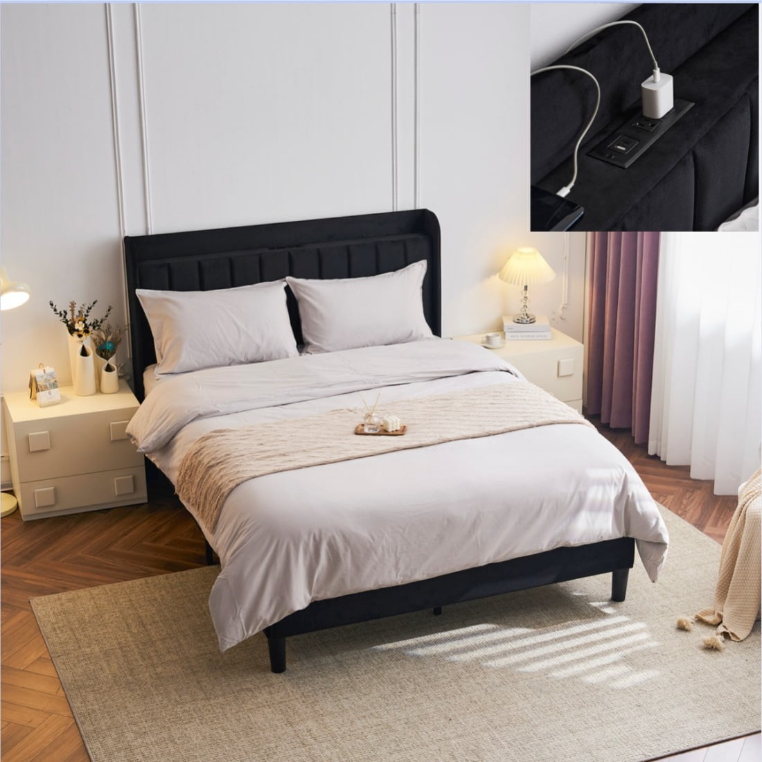 Full Black Velvet Upholstered Platform Bed with Tufted Headboard