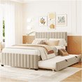 thumbnail image 1 of Full Size Velvet Upholstered Platform Bed with Twin Trundle and Storage, Beige, Modern Low Profile Bed Frame for Guest Room or Apartment, 1 of 10