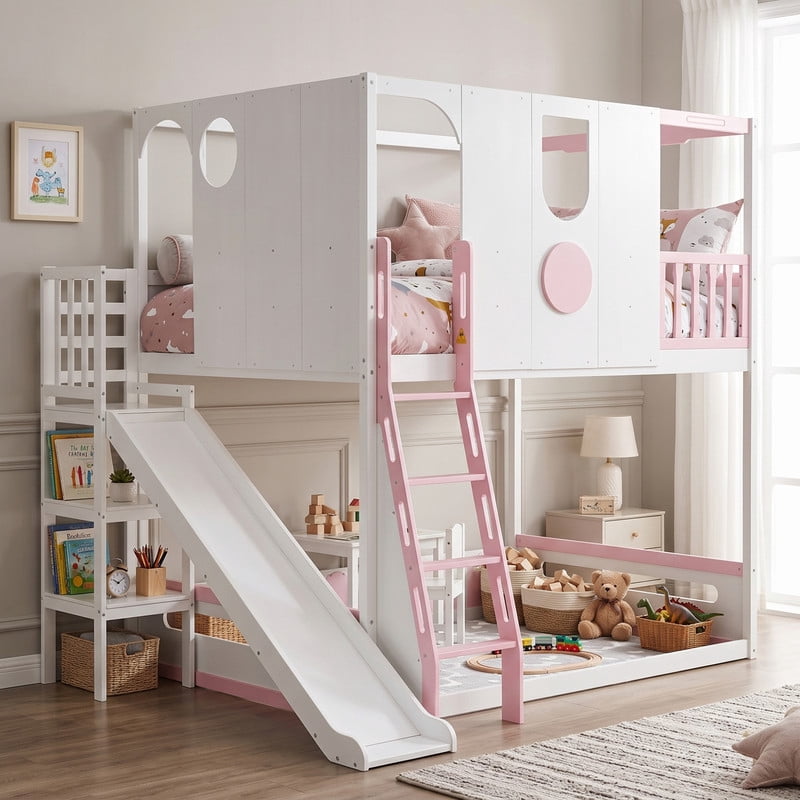 Full Size Versatile Kids Loft/Bunk Bed with Floor Bed, House Bed Frame with Slide, Storage Shelves and Guardrails