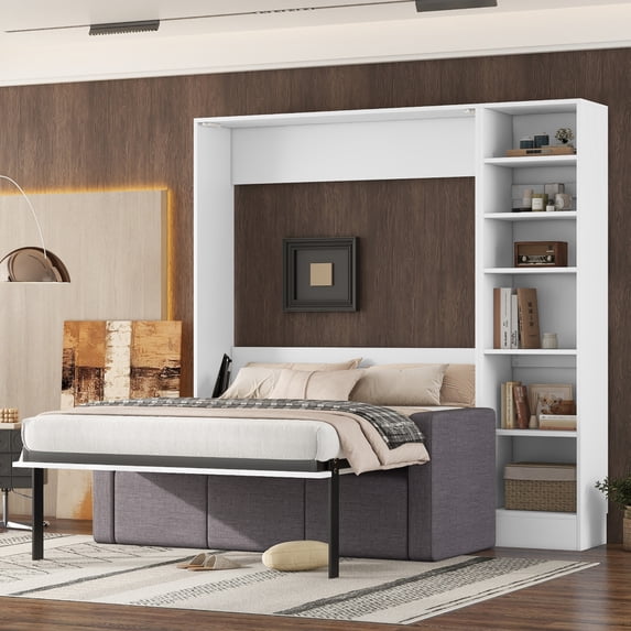 Full Size Versatile Murphy Bed with Upholstered Sofa and Storage Shelves, Modern Platform Bed Frame with Wood Slats Support, Space Saving, White