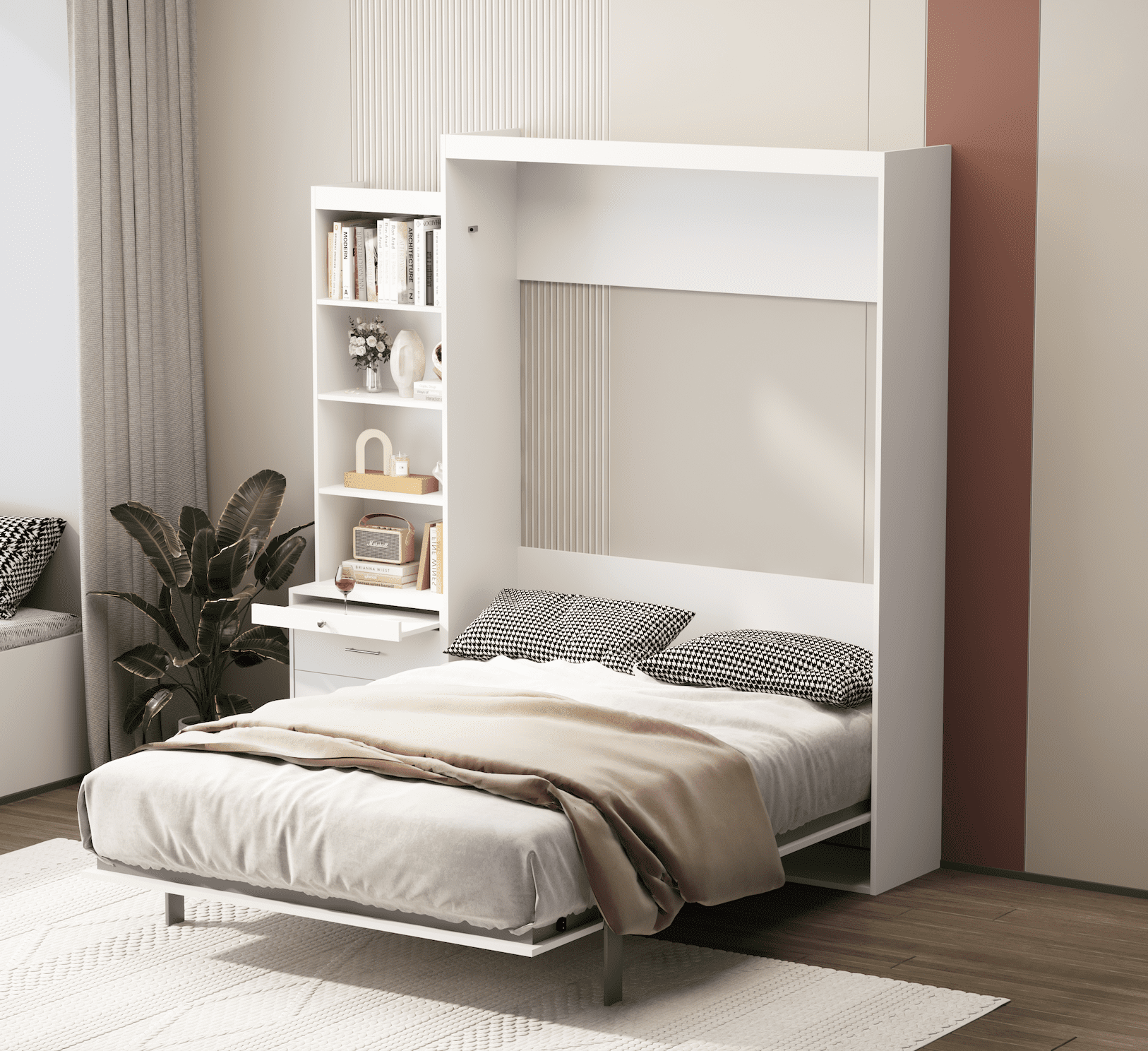 Full Size Vertical Murphy Bed with Shelf and Drawers for Bedroom or