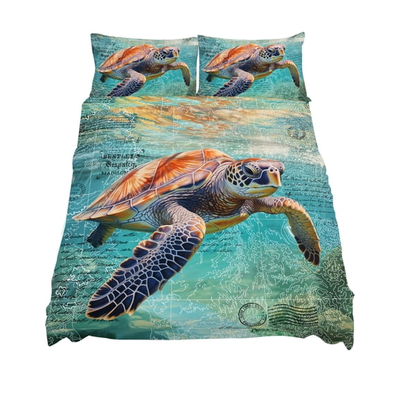 Full Size Vintage Blue Sheet Sets Ocean Abstract Sea Turtle Map Soft Breathable Microfiber Bed Sheets Deep Pockets 4 Piece Bed Sheets Set, 1 Fitted Sheet, 1 Flat Sheet & 2 Pillowcases