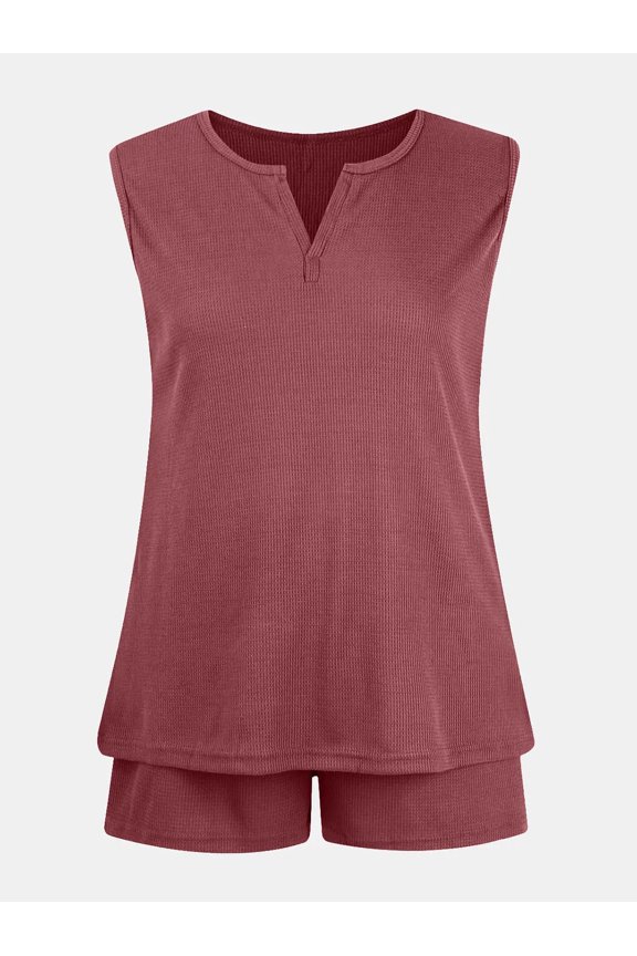 Full Size Waffle-Knit Notched Top and Shorts Set