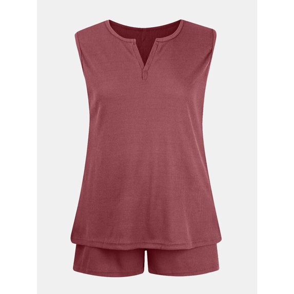 Full Size Waffle-Knit Notched Top and Shorts Set