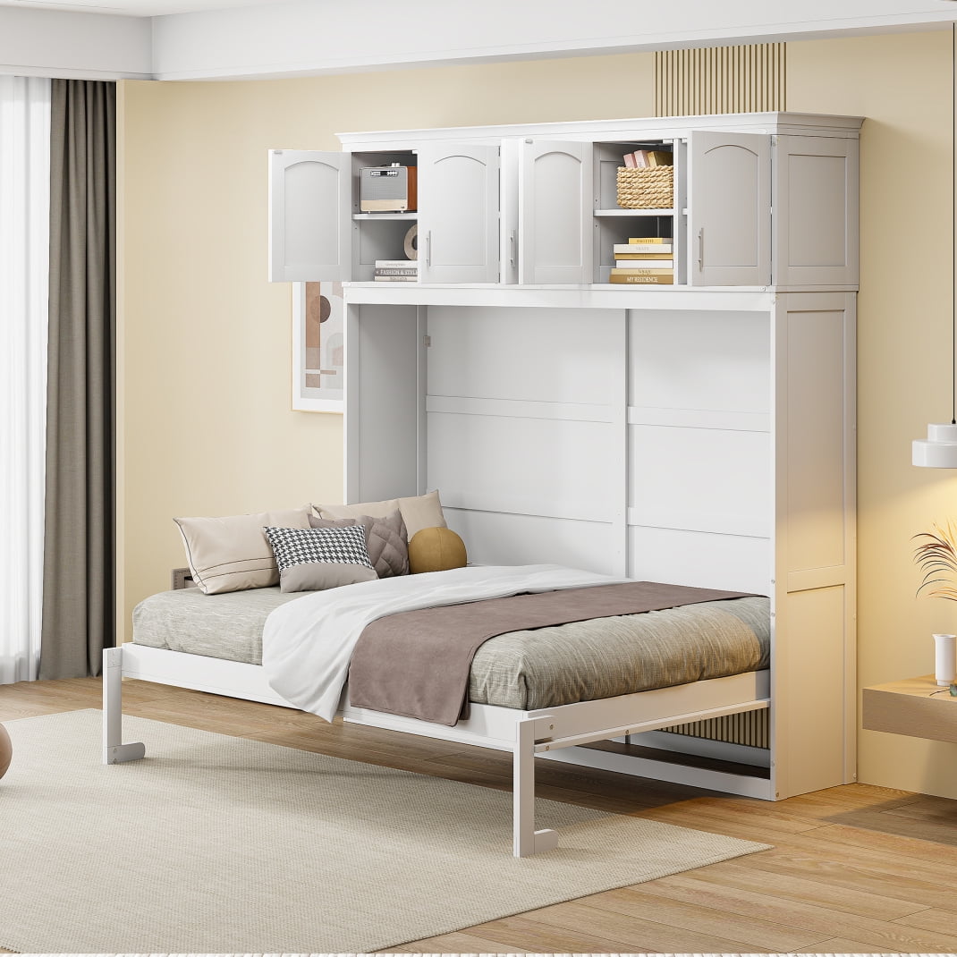 Full Size Wall Bed, Wooden Murphy Bed Frame with Top Cabinets, Flexible ...
