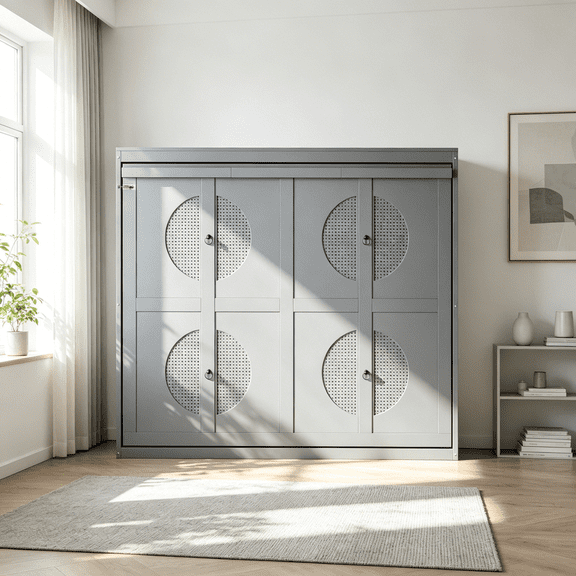 Full Size Wall Bed with Cabinet, Space Saving Murphy Bed for Guest Room, Home Office, or Studio, Gray Wood Fold Down Bed Frame with Slat Support