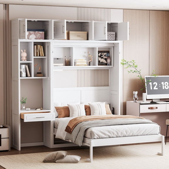 Full Size Wall Murphy Bed with Desk, Top Cabinet and Storage Shelves, Space Saving Foldable Bed, White