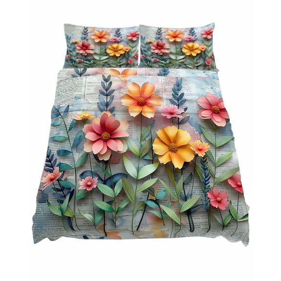 Full Size Watercolor Floral Sheet Sets Flower Printing Newspaper Art 3D Soft Breathable Microfiber Bed Sheets Deep Pockets 4 Piece Bed Sheets Set, 1 Fitted Sheet, 1 Flat Sheet & 2 Pillowcases