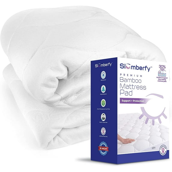 Full Size Waterproof Premium Mattress Pad by Slumberfy, Skin-Safe Mattress Pad with Bamboo Topper, All Natural & Breathable Fabric, Quilted, Fitted Bed Cover, Cooling Mattress Topper – 54x75 in.