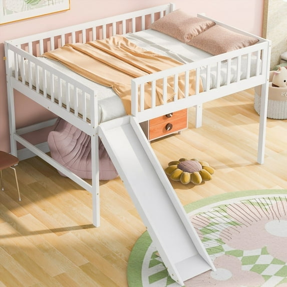 Full Size White Bed with Ladder & Slide, Pine Wood & MDF