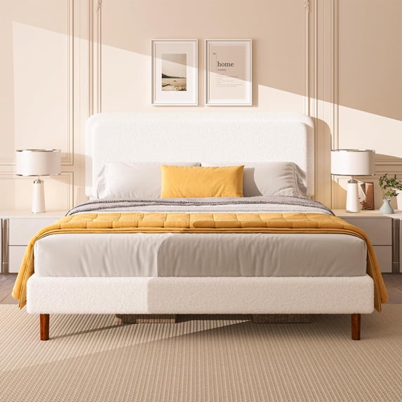 Full Size White Boucle Cloud Platform Bed Frame with Adjustable Headboard and Solid Wooden Legs, No Box Spring Needed