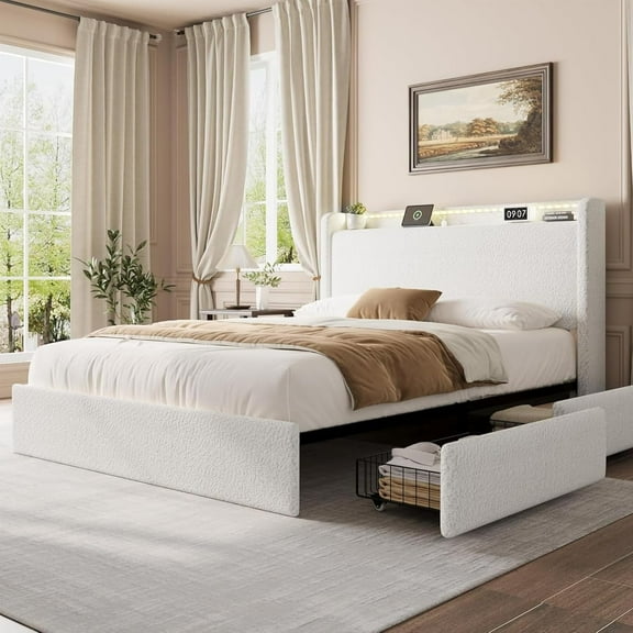 Full Size White Boucle Upholstered Bed Frame, LED Headboard, USB, Storage Drawers & Headboard, No Box Spring