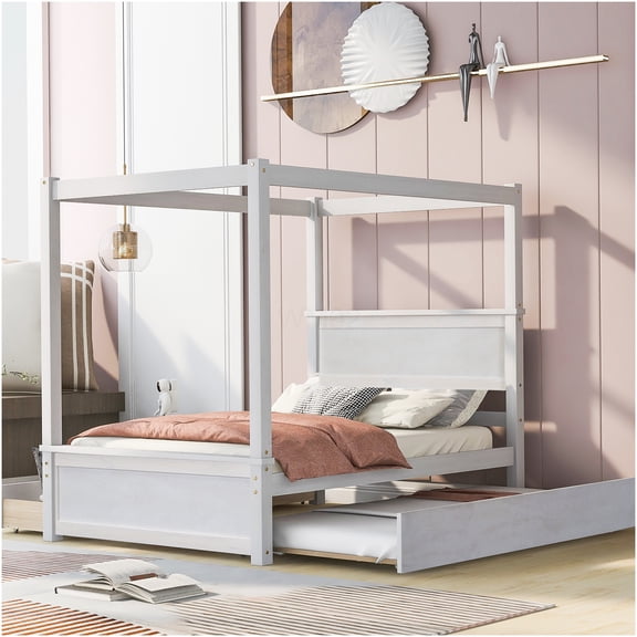 Full Size White Canopy Bed Frame with Pull Out Trundle and Storage Drawers, Wood Platform Bed with Slat Support, Farmhouse Style Bedroom Furniture