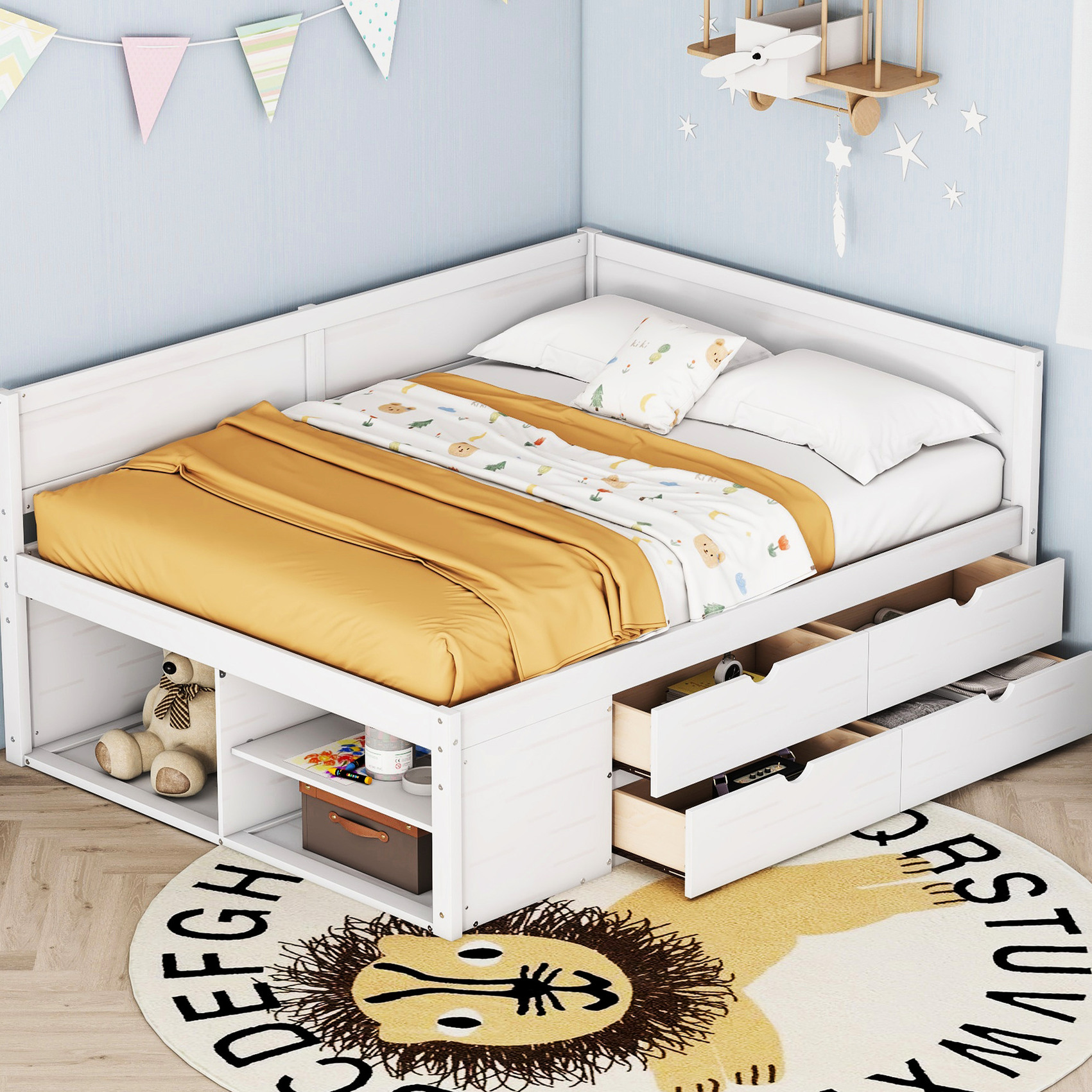 Full Size White Daybed with Drawers and Shelves, Space-Saving Design