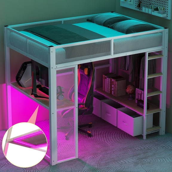 Full Size White Metal Gaming Loft Bed with LED Lights, Desk, Open Wardrobe & 3 Linen Storage Drawers