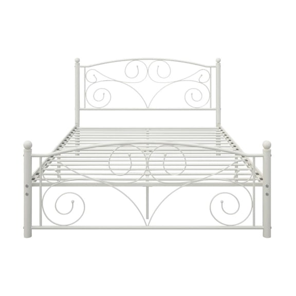 Full Size White Metal Platform Bed Frame, Victorian Floral Scroll Design, No Box Spring Needed, Easy Assembly