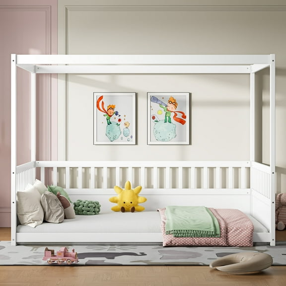 Full Size White Pine Wood Canopy Bed Frame with High Guardrails for Boys & Girls, Montessori Floor Bed for Bedroom, 77" L x 57" W, Cozy Decor Ready