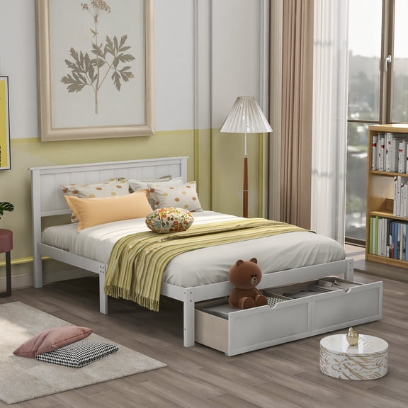 Full Size White Platform Bed with Drawers - Generic