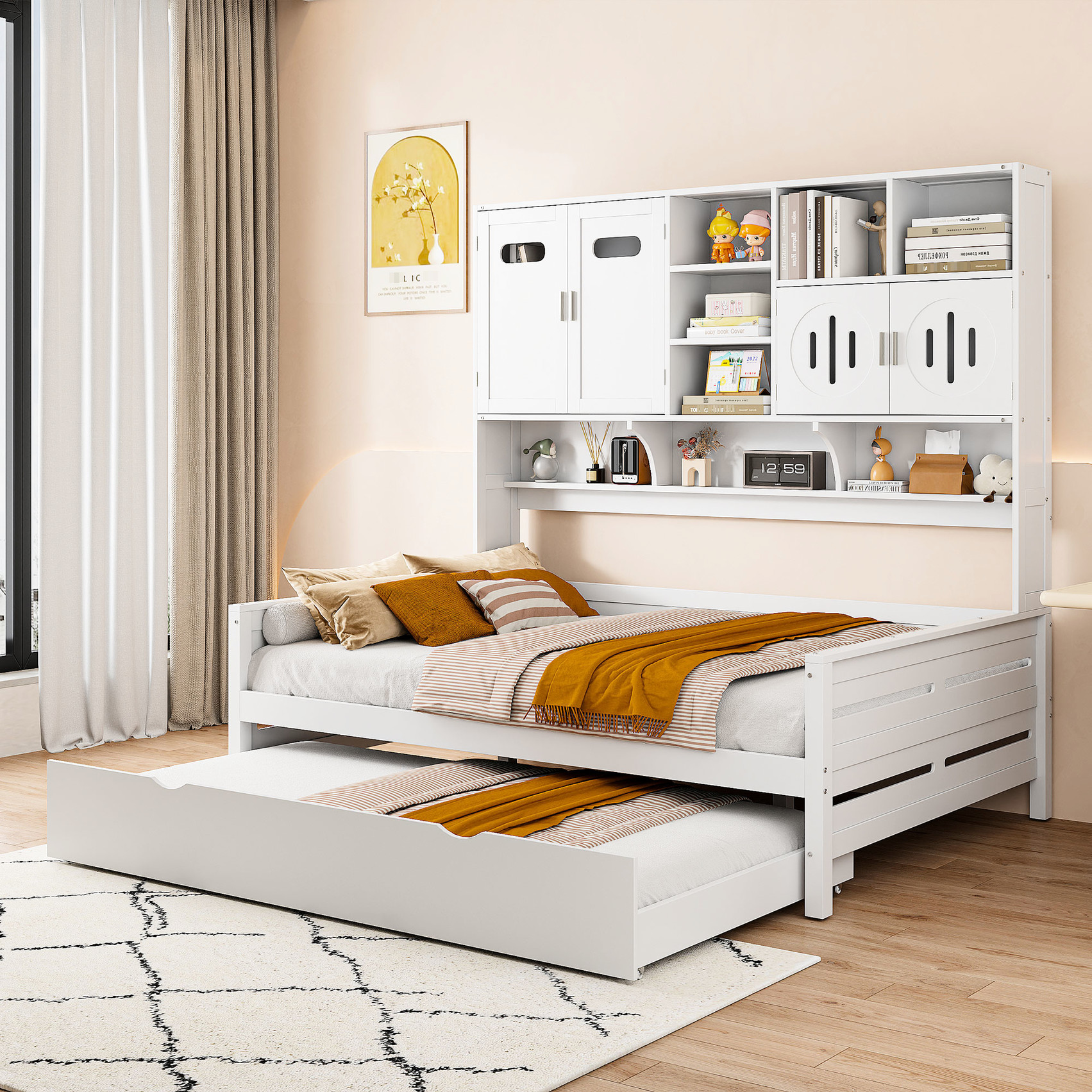 Full Size White Wood Daybed with Twin Trundle and Back Shelves | Space ...