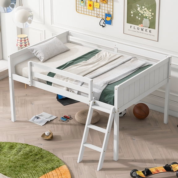 Full Size White Wood Low Loft Bed / Ladder Placement Flexibility for Bedroom