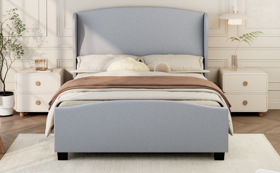 Full Size Wingback Linen Upholstered Bed Frame with Solid Wood Legs, No ...