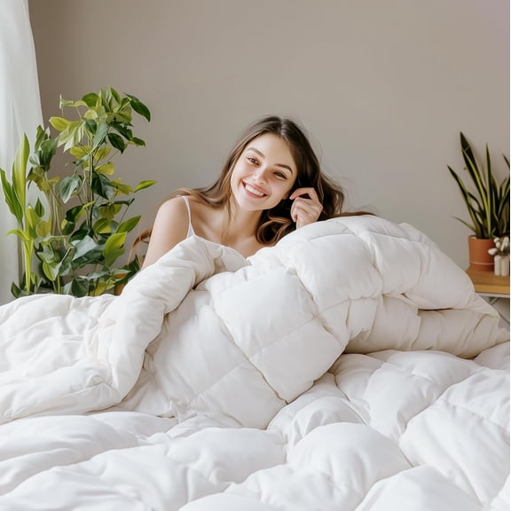 Full Size Winter Goose Down Comforter, Breathable Heavyweight Hotel Duvet Insert, Cover, Soft & Warm, 82x86 Inch, White