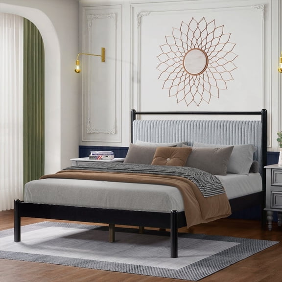 Full Size Wood Bed Frame Boasting a Grey+Black Frame and Fluffy Soft Headboard