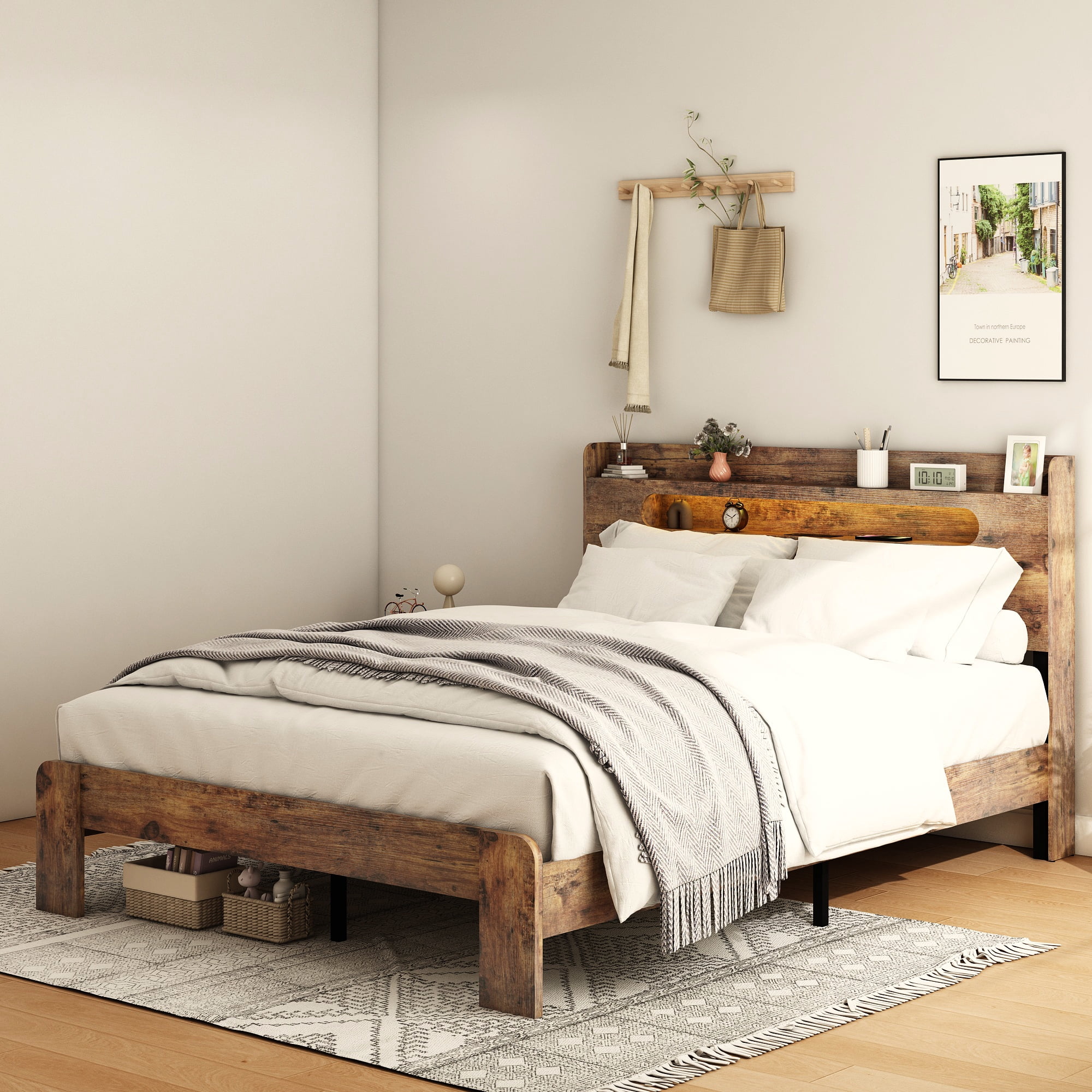 Full Size Wood Bed Frame with Storage LED Light Headboard & USB,No Box Spring Needed and Easy Assembly Tool,Large Under Bed Storage,Dark Brown
