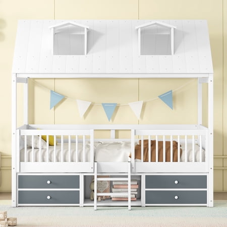Full Size Wood Bed House Bed Frame,White
