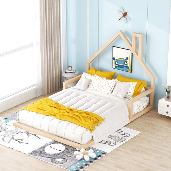 Full Size Wood Bed With Captivating House-shaped Headboard - Natural, Solid + , No Box Spring, Assembly Method Playful Bedroom Natural