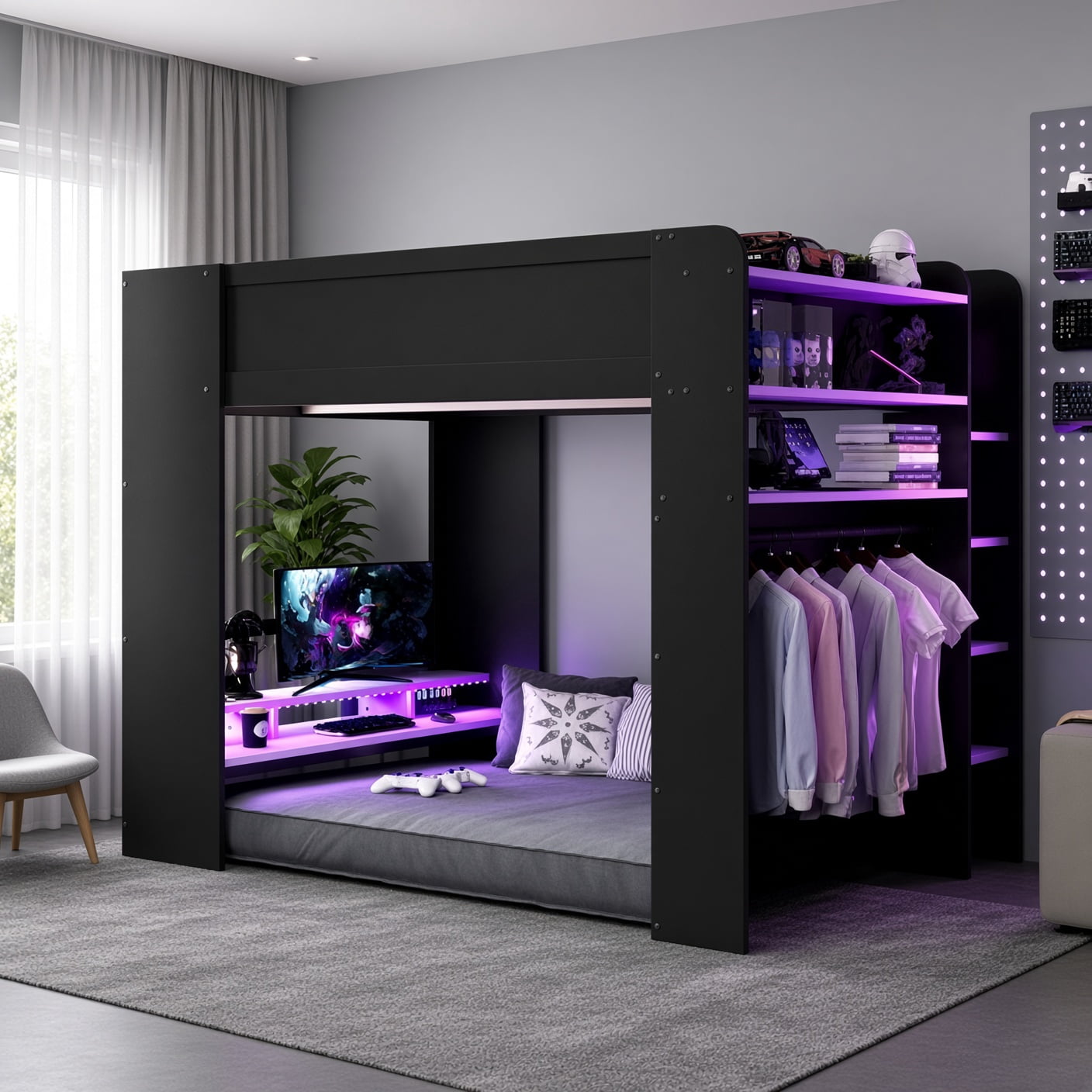 Full Size Wood Bunk Bed with Height-Adjustable Desk, Wardrobe, RGB