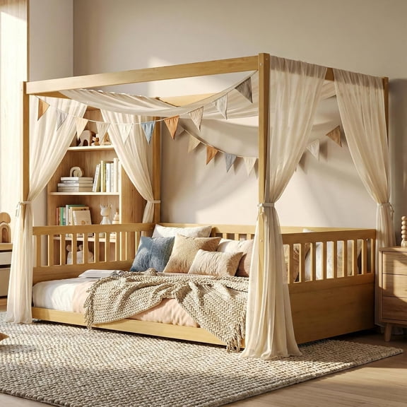 Full Size Wood Canopy Bed Frame with High Guardrails and 4 Posters, Montessori Floor Bed with Fence, Natural