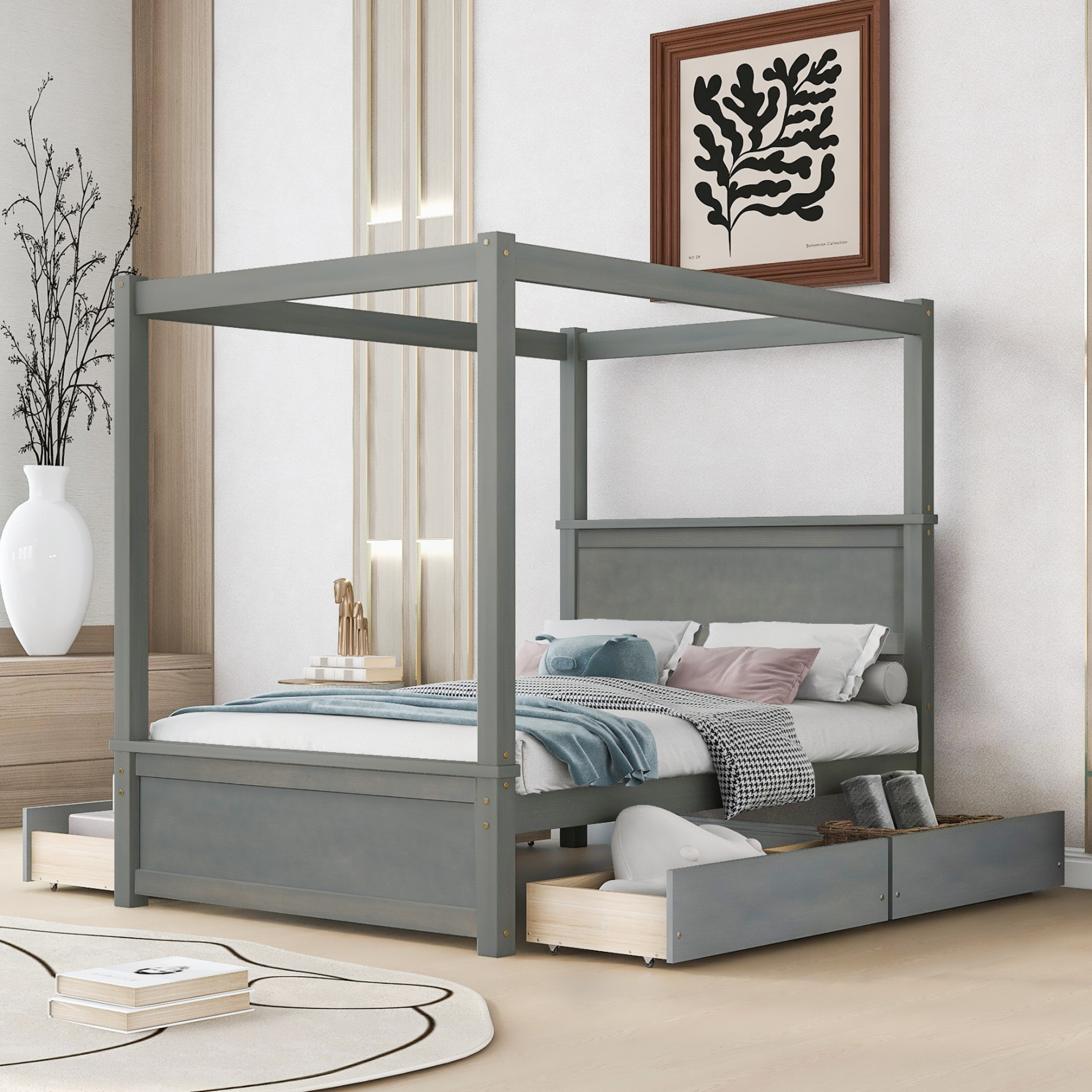 Full Size Wood Canopy Bed, Platform Bed With Trundle Bed, Canopy Support Slats, Bed Frame, No Box Spring Needed, White