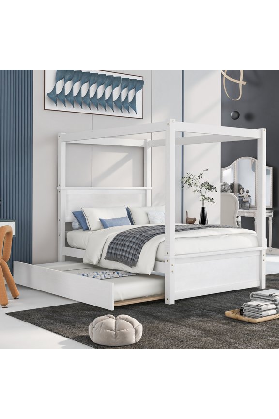 Full Size Wood Canopy Bed, Platform Bed With Trundle Bed, Canopy Support Slats, Bed Frame, No Box Spring Needed, White
