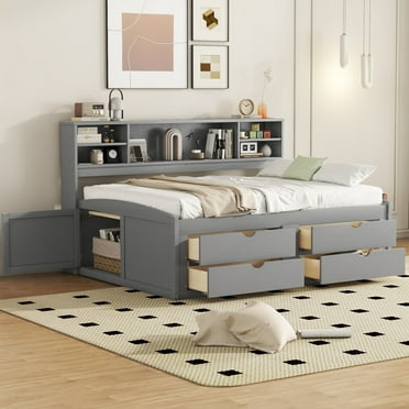 Full Size Wood Daybed with 2 Bedside Cabinets, Multifunctional Storage Captain Bed Frame with Upper Shelves and 4 Drawers, No Box Spring Required, for Kids Teens Girls Boys Bedroom, Gray