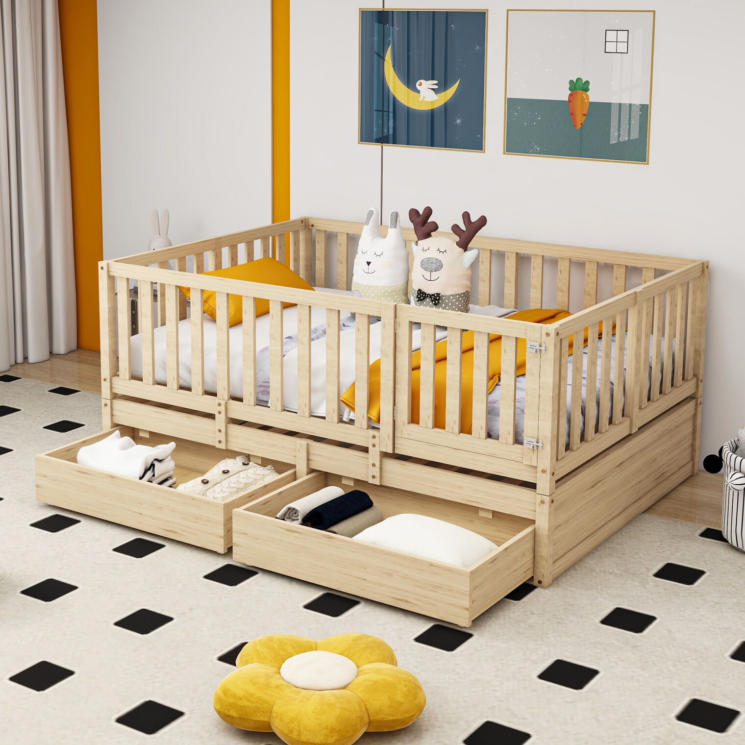 Full Size Wood Daybed, Wood Full Daybed Frame Montessori Bed with